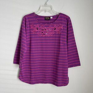 New Bob Mackie Wearable Art Purple Pink Striped Embroidered Top